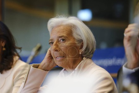 Photo for President of European Central Bank (ECB) Christine Lagarde during the Hearing of the Committee on Economic and Monetary Affairs of the European Parliament in Brussels, Belgium on September 25, 2023. - Royalty Free Image