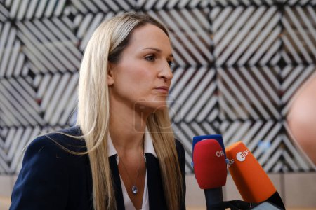Photo for Helen MCENTEE, Minister talks to media prior a Justice and Home affairs Council at the EU headquarters in Brussels, Belgium  on September 28, 2023. - Royalty Free Image
