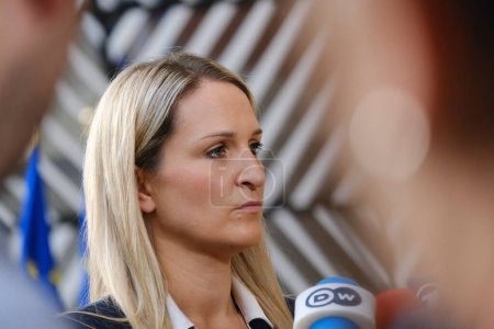 Photo for Helen MCENTEE, Minister talks to media prior a Justice and Home affairs Council at the EU headquarters in Brussels, Belgium  on September 28, 2023. - Royalty Free Image