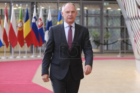 Photo for Gerhard KARNER, Minister talks to media prior a Justice and Home affairs Council at the EU headquarters in Brussels, Belgium  on September 28, 2023. - Royalty Free Image