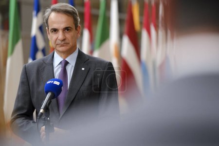 Photo for Greece's Prime Minister Kyriakos Mitsotakis  arrives for a EU Summit, at the EU headquarters in Brussels, Belgium on October 27, 2023. - Royalty Free Image