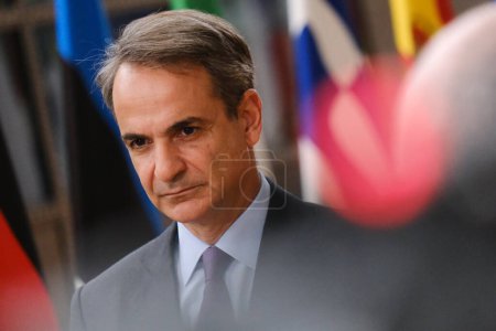 Photo for Greece's Prime Minister Kyriakos Mitsotakis  arrives for a EU Summit, at the EU headquarters in Brussels, Belgium on October 27, 2023. - Royalty Free Image