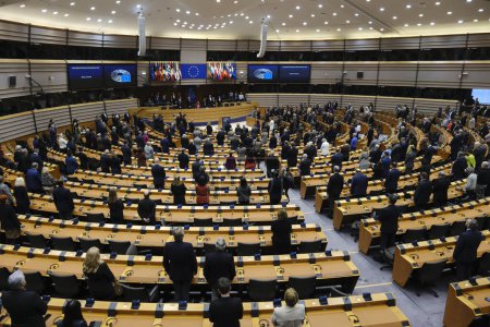 Photo for Members of European Parliament stand for a moment of silence during a plenary session ahead of Holocaust Remembrance Day at the European Parliament in Brussels, Belgium on January 25, 2023 - Royalty Free Image