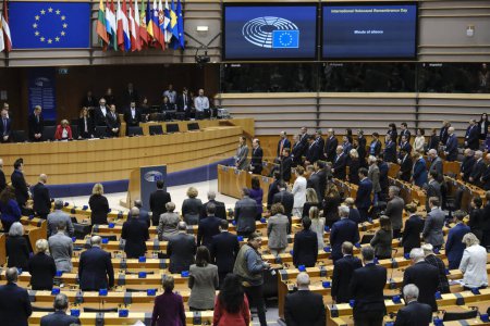 Photo for Members of European Parliament stand for a moment of silence during a plenary session ahead of Holocaust Remembrance Day at the European Parliament in Brussels, Belgium on January 25, 2023 - Royalty Free Image