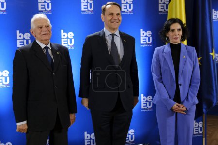 Photo for HRVP Josep Borrell and Foreign Minister Hadja LAHBIB welcomes   Radoslaw SIKORSKI, Minister prior the Informal meeting of EU Foreign Affairs Ministers in Brussels, Belgium on February 3, 2024. - Royalty Free Image