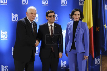 Photo for HRVP Josep Borrell and Foreign Minister Hadja LAHBIB welcomes   Stephane SEJOURNE, Minister prior the Informal meeting of EU Foreign Affairs Ministers in Brussels, Belgium on February 3, 2024. - Royalty Free Image
