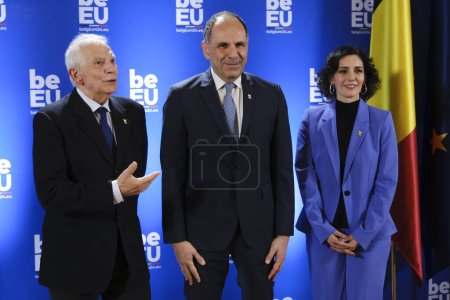 Photo for HRVP Josep Borrell and Foreign Minister Hadja LAHBIB welcomes    Giorgos Gerapetritis, Minister prior the Informal meeting of EU Foreign Affairs Ministers in Brussels, Belgium on February 3, 2024. - Royalty Free Image