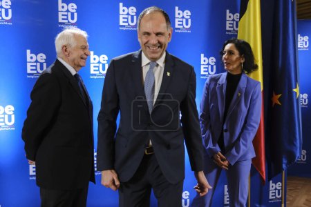 Photo for HRVP Josep Borrell and Foreign Minister Hadja LAHBIB welcomes    Giorgos Gerapetritis, Minister prior the Informal meeting of EU Foreign Affairs Ministers in Brussels, Belgium on February 3, 2024. - Royalty Free Image