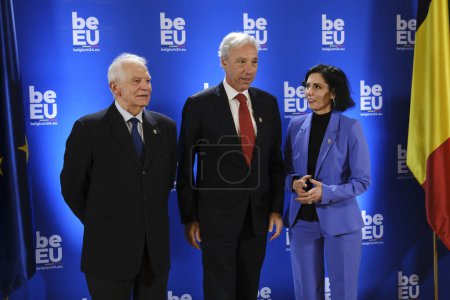 Photo for HRVP Josep Borrell and Foreign Minister Hadja LAHBIB welcomes    Joao Gomes Cravinho, Minister prior the Informal meeting of EU Foreign Affairs Ministers in Brussels, Belgium on February 3, 2024. - Royalty Free Image