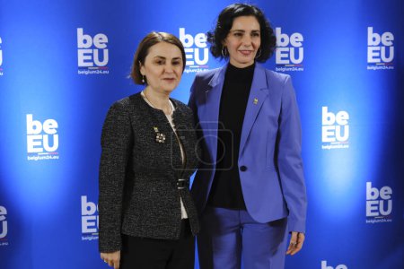 Photo for Foreign Minister Hadja LAHBIB welcomes  Luminita ODOBESCU, Minister prior the Informal meeting of EU Foreign Affairs Ministers in Brussels, Belgium on February 3, 2024. - Royalty Free Image