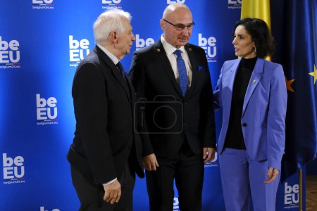 Photo for HRVP Josep Borrell and Foreign Minister Hadja LAHBIB welcomes   Gordan Grlic Radman, Minister prior the Informal meeting of EU Foreign Affairs Ministers in Brussels, Belgium on February 3, 2024. - Royalty Free Image