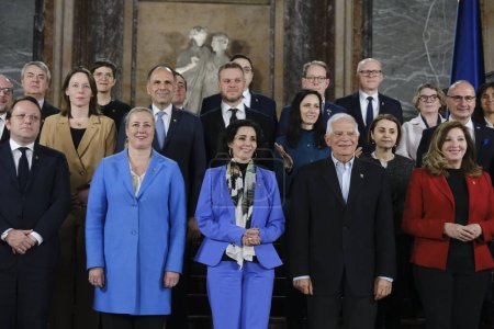 Photo for Foreign Ministers poses for a family photo during the Informal meeting of EU Foreign Affairs Ministers in Brussels, Belgium on February 3, 2024. - Royalty Free Image