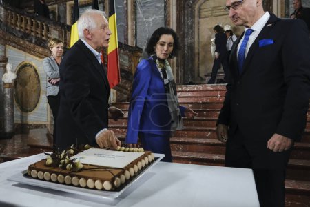 Photo for Hadja LAHBIB ,Foreign Minister and Joseph Borrell during the celebration of the 50th anniversary of Gymnich Council  in Brussels, Belgium on February 3, 2024. - Royalty Free Image
