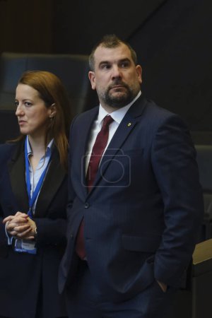 Photo for Dragan Krapovic, Minister of Defence arrives for a meeting of the alliance's Defence Ministers at the NATO headquarters in Brussels, Belgium on Feb. 15, 2024. - Royalty Free Image