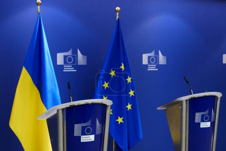 Photo for EU and Ukrainian flags in European Commission offices in Brussels, Belgium on March 20, 2024. - Royalty Free Image