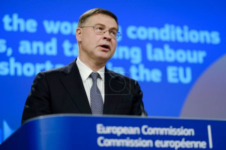 Photo for Press conference by EU Commissioner Valdis DOMBROVSKIS on improving the working conditions of trainees  in the EU in Brussels, Belgium on March 20, 2024. - Royalty Free Image