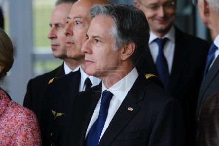 Téléchargez les photos : Le secrétaire d'État américain Antony Blinken lors d'une cérémonie marquant le 75e anniversaire de l'OTAN au siège de l'OTAN à Bruxelles, en Belgique, le 4 avril 2024. - en image libre de droit