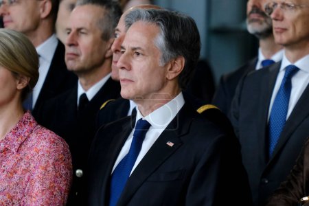 Téléchargez les photos : Le secrétaire d'État américain Antony Blinken lors d'une cérémonie marquant le 75e anniversaire de l'OTAN au siège de l'OTAN à Bruxelles, en Belgique, le 4 avril 2024. - en image libre de droit