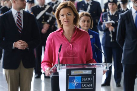 Photo for Tanja FAJON, Foreign Minister addresses the audience during a ceremony to mark the 75th anniversary of NATO at NATO headquarters in Brussels, Belgium on April 4, 2024. - Royalty Free Image