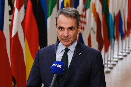 Photo for Greece's Prime Minister Kyriakos Mitsotakis gives a presser during the  EU Summit, at the EU headquarters in Brussels, on March 22, 2024. - Royalty Free Image