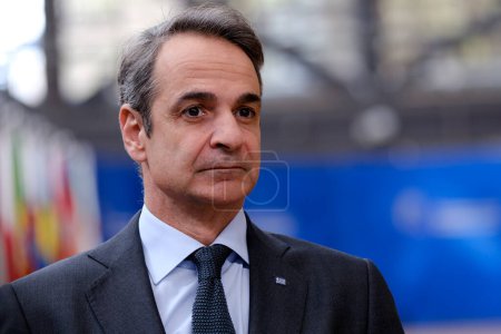 Photo for Greece's Prime Minister Kyriakos Mitsotakis speaks to the media at the informal European Union leaders summit in Brussels, Belgium April 18, 2024. - Royalty Free Image
