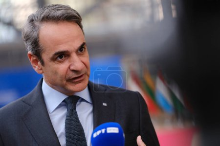 Photo for Greece's Prime Minister Kyriakos Mitsotakis speaks to the media at the informal European Union leaders summit in Brussels, Belgium April 18, 2024. - Royalty Free Image
