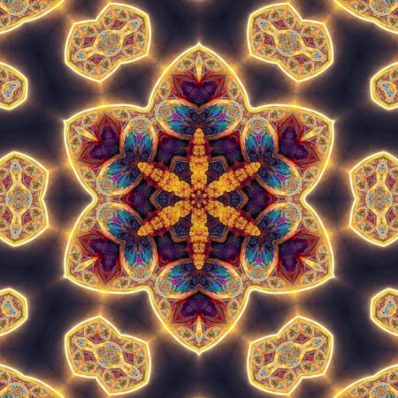 Esoterisches neonleuchtendes geometrisches Mandala. Kaleidoskopischer Hintergrund.