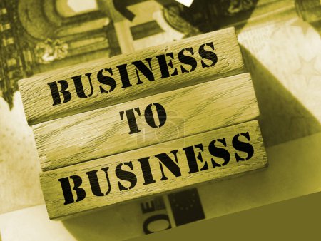 Geschäfte zu Geschäfte auf Holzblöcken legten 100-Euro-Scheine an. B2B-Marketingkonzept.