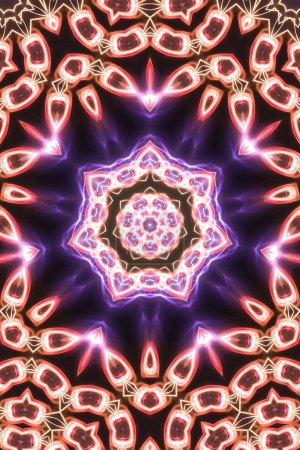Foto de Fantasía mágica fractal. Mandala geométrica brillante de neón esotérico. Fondo caleidoscópico. - Imagen libre de derechos