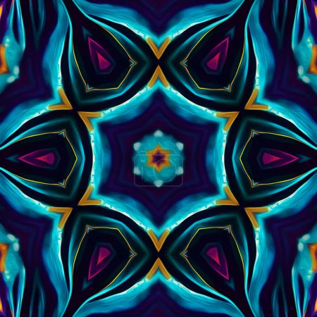 Téléchargez les photos : Fantasme magique fractale. Mandala géométrique ésotérique néon brillant. Fond kaléidoscopique. - en image libre de droit
