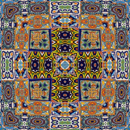 Photo for Luxury oriental tile seamless pattern. Colorful floral patchwork background. Mandala boho chic style. Rich flower ornament. Hexagon design elements. Portuguese Moroccan motif. - Royalty Free Image
