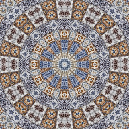 Téléchargez les photos : Luxury oriental tile seamless pattern. Colorful floral patchwork background. Mandala boho chic style. Rich flower ornament. Hexagon design elements. Portuguese Moroccan motif. - en image libre de droit