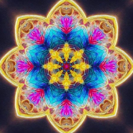 Magische mystische Fantasie fraktal. Esoterisches neonleuchtendes geometrisches Mandala. Kaleidoskopischer Hintergrund.