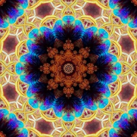 Magische mystische Fantasie fraktal. Esoterisches neonleuchtendes geometrisches Mandala. Kaleidoskopischer Hintergrund.