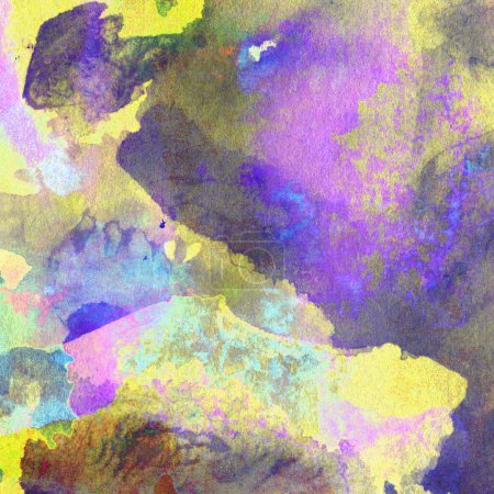 Téléchargez les photos : Fond abstrait Grunge réalisé avec des peintures aquarelles aux couleurs pourpre, jaune, vert et bleu. - en image libre de droit