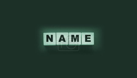 Photo for Name word with wooden block on black blackboard. Business or personal brand concept. - Royalty Free Image