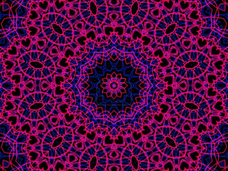 Foto de Mandala abstracto rosa y azul sobre fondo negro. Diseño caleidoscópico único. - Imagen libre de derechos