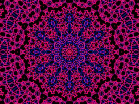 Téléchargez les photos : Mandala rose et bleu abstrait sur fond noir. Conception kaléidoscopique unique. - en image libre de droit