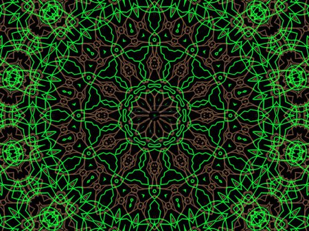 Photo for Abstract green and brown mandala on black background. Unique kaleidoscopic design. - Royalty Free Image