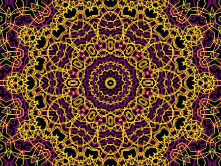 Foto de Mandala abstracto amarillo y púrpura sobre fondo negro. Diseño caleidoscópico único. - Imagen libre de derechos