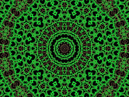 Foto de Mandala verde y marrón abstracto sobre fondo negro. Diseño caleidoscópico único. - Imagen libre de derechos
