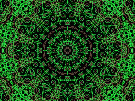 Photo for Abstract green and brown mandala on black background. Unique kaleidoscopic design. - Royalty Free Image