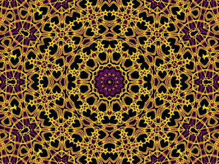 Foto de Mandala abstracto amarillo y púrpura sobre fondo negro. Diseño caleidoscópico único. - Imagen libre de derechos