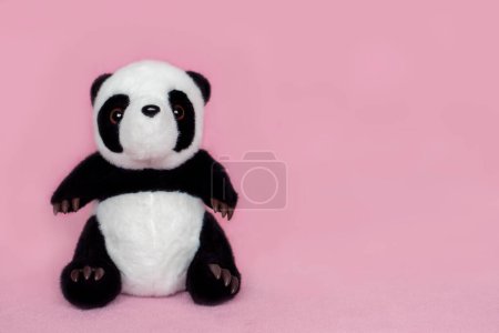 Foto de Soft toy panda for children on a pink background with empty space for text - Imagen libre de derechos