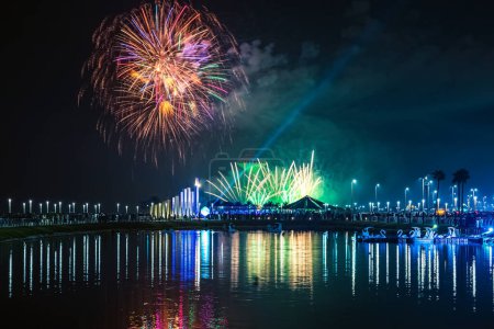 Photo for Fireworks at Al Khobar, Saudi Arabia September 23 2022 : National Day Celebration of Kingdom of Saudi Arabia - Royalty Free Image