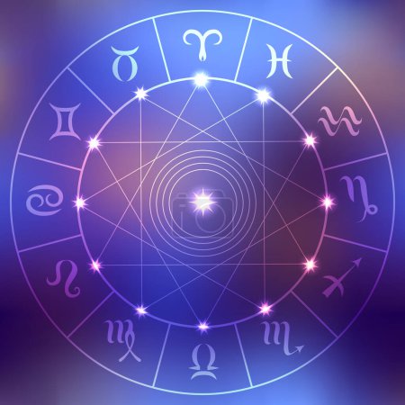 Ilustración de Círculo mágico con signo zodiacs sobre fondo borroso abstracto. Círculo del zodíaco - Imagen libre de derechos