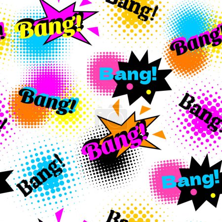 Illustration for Abstract seamless pattern with comics speech bubble, cartoon elements, lettering Bang. Comic background. Halftone pop art style. - Royalty Free Image