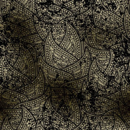 Téléchargez les illustrations : Modèle sans couture grunge motif Paisley sur fond noir. Illustration vectorielle - en licence libre de droit