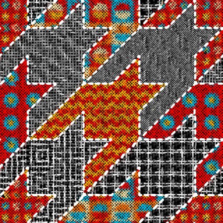 Téléchargez les illustrations : Imitation du motif patchwork indien avec texture toile Motif dent de chien. Image vectorielle transparente. - en licence libre de droit