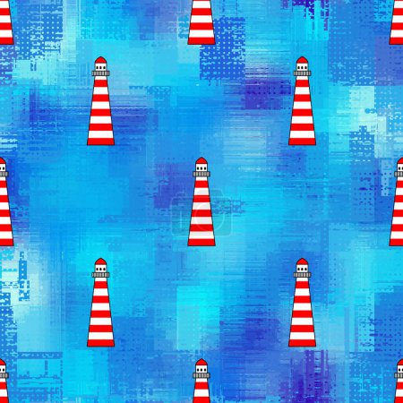 Illustration for Seamless pattern. Blue pattern in marine style lighthouses. Vector illustration. - Royalty Free Image